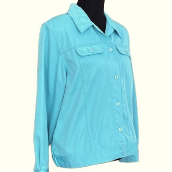 Alfred Dunner Wish You Were Here blue embroidered jacket, style 45230 size 12P - Picture 5 of 8